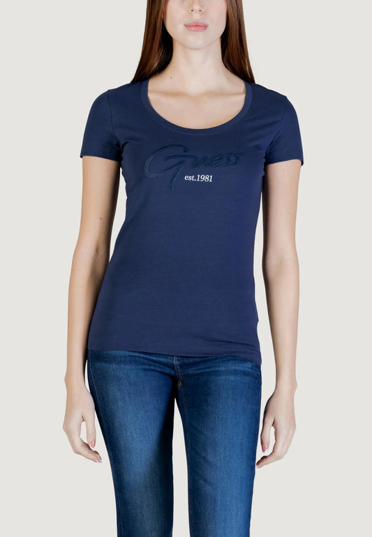 GUESS T-shirt basica blu con scritta logo GUESS