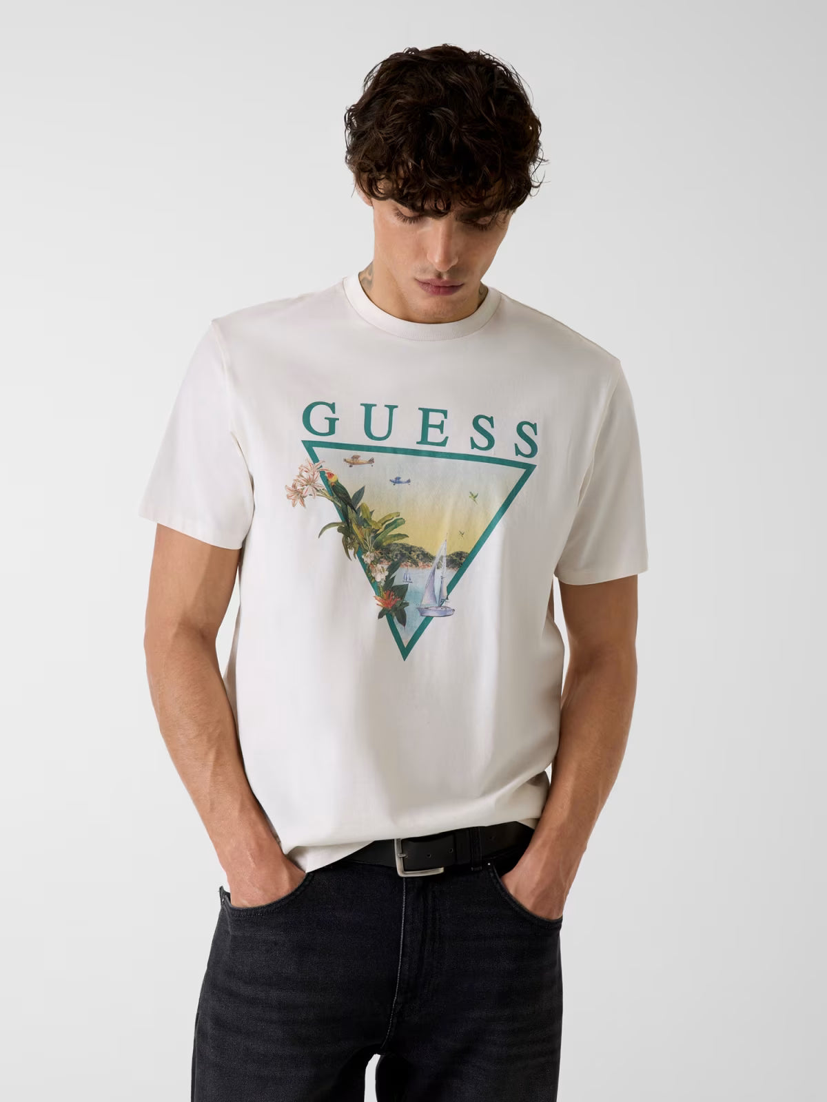 GUESS T-shirt panna con logo triangolare floreale GUESS
