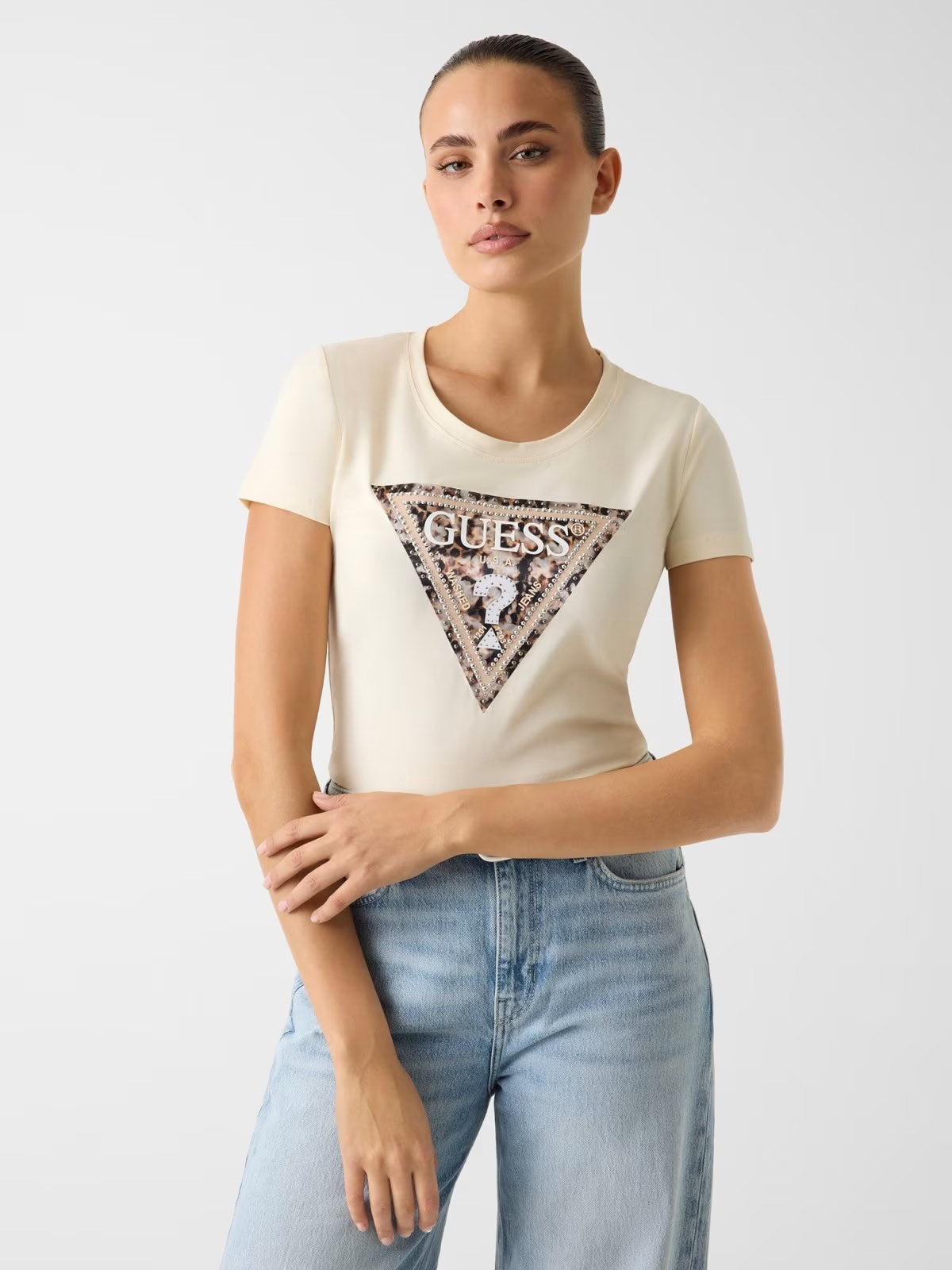 GUESS T-shirt beige con logo triangolare GUESS