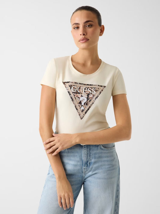 GUESS T-shirt beige con logo triangolare GUESS