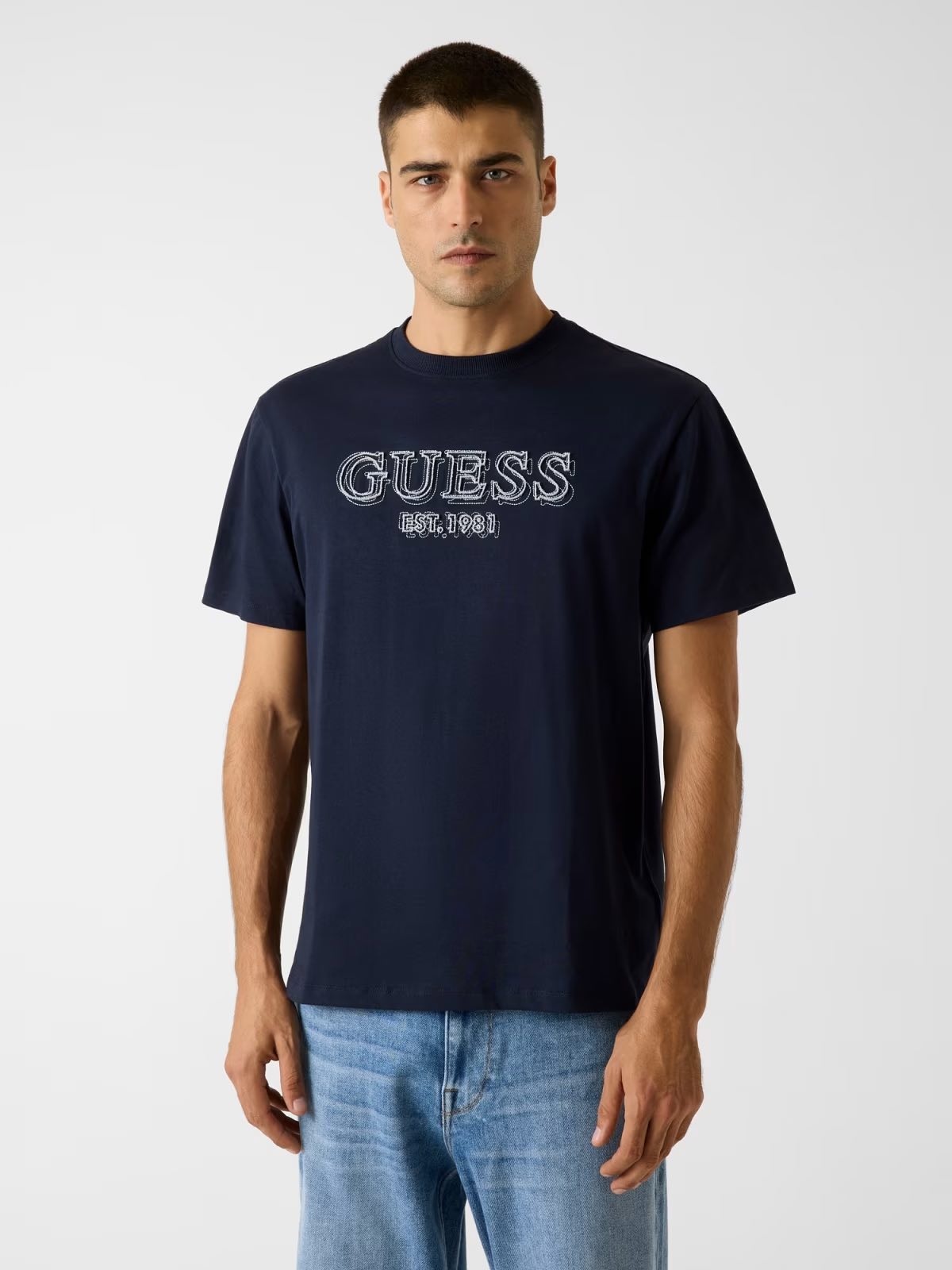 GUESS T-shirt blu con logo ricamato GUESS