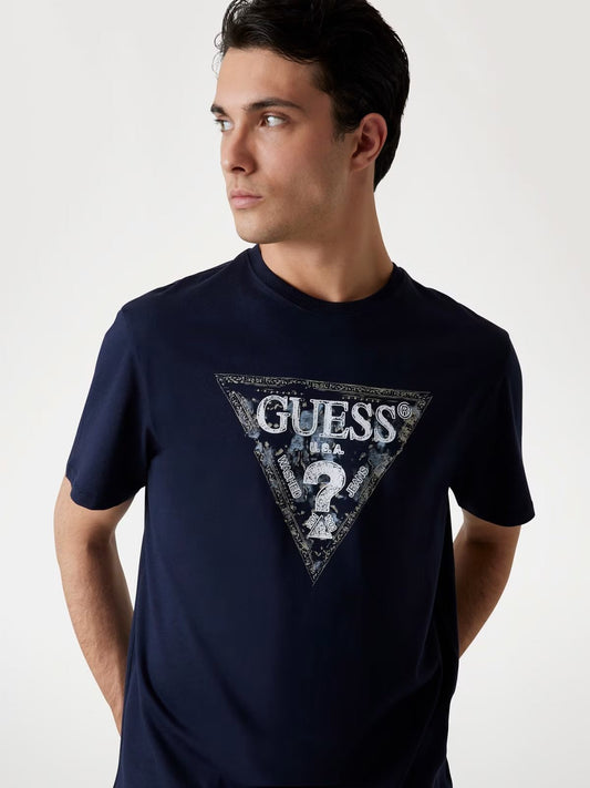GUESS T-shirt blu con logo stampato GUESS