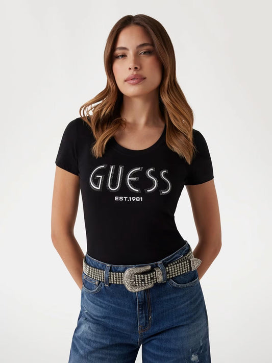 GUESS T-shirt logo strass nera GUESS