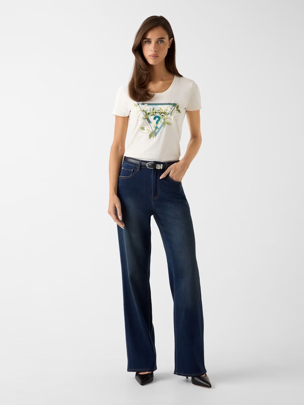 GUESS T-shirt beige con logo triangolare GUESS