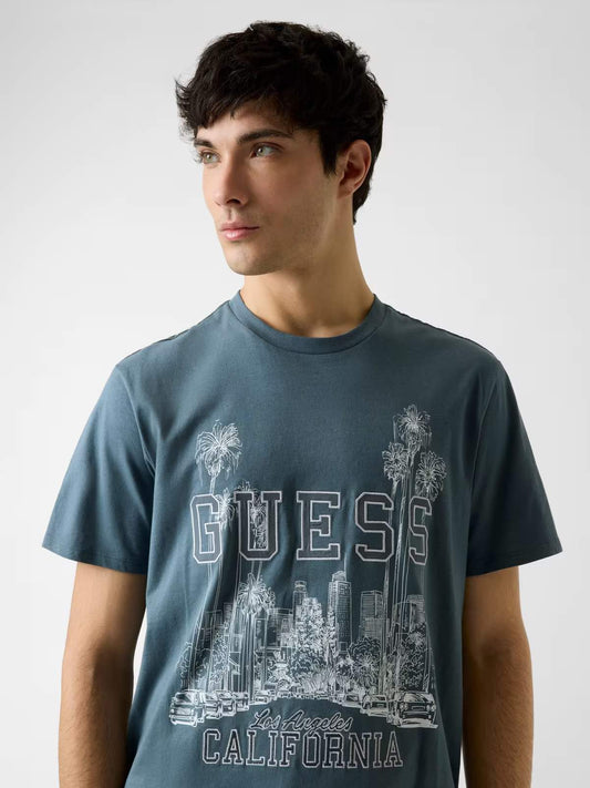 GUESS T-shirt Verde Petrolio con Stampa GUESS